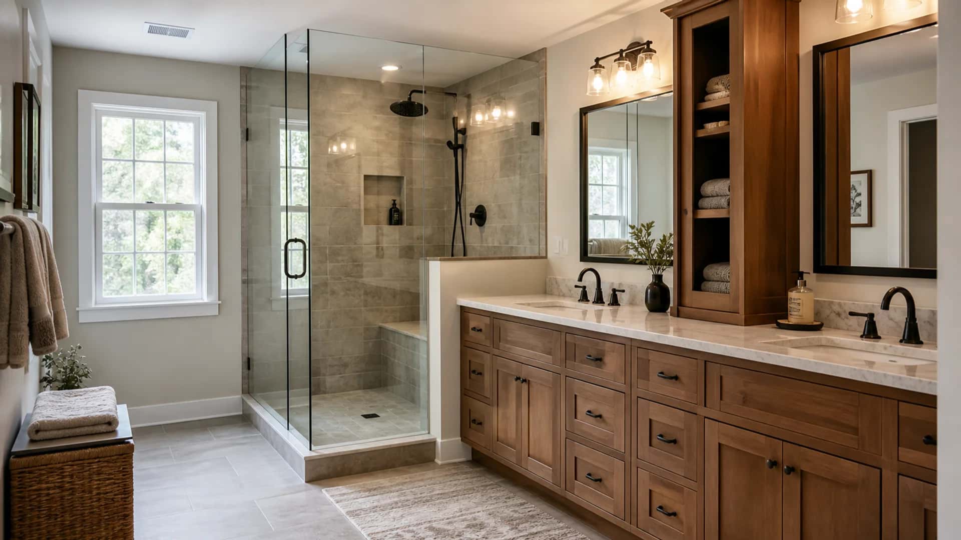 Modern bathroom remodel with custom tile, updated fixtures, and a calm spa-like layout.