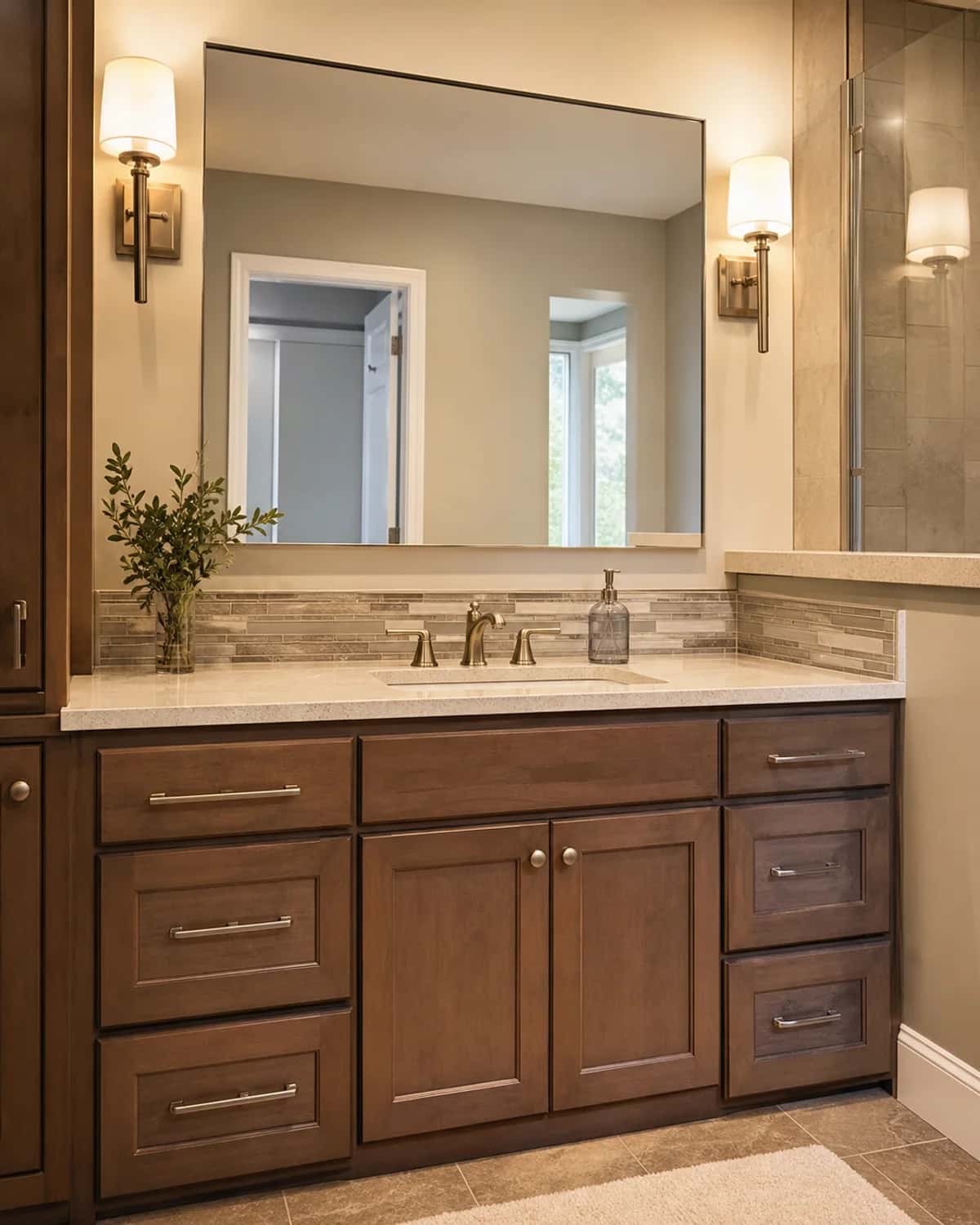 Bathroom remodel with custom vanity, updated lighting, and clean finishes