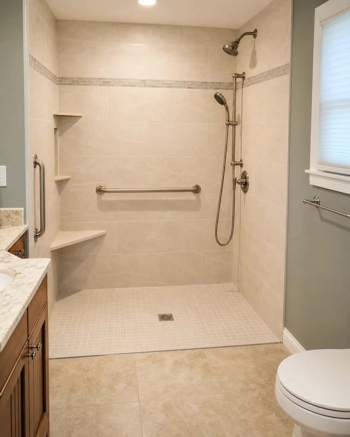 Updated bathroom with accessible design details and durable finishes