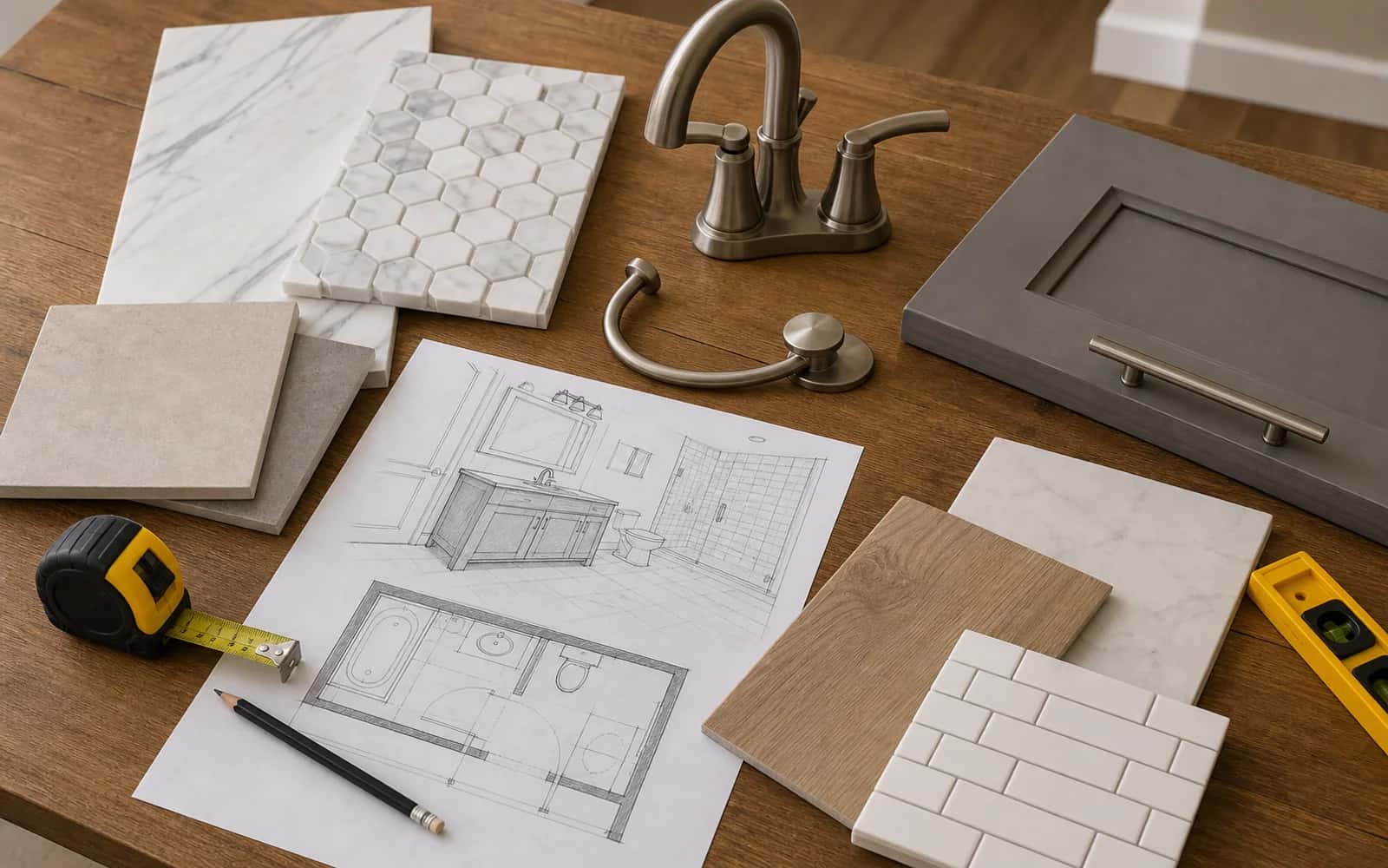 Bathroom layout with updated fixtures, vanity, and improved circulation