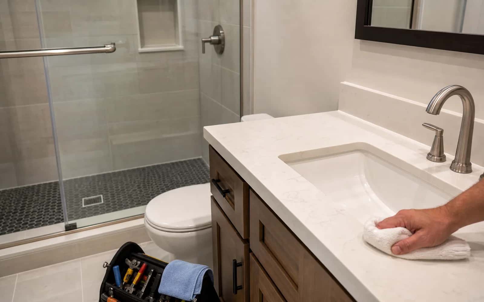 Bathroom vanity, lighting, mirror, and fixtures in a modern remodel