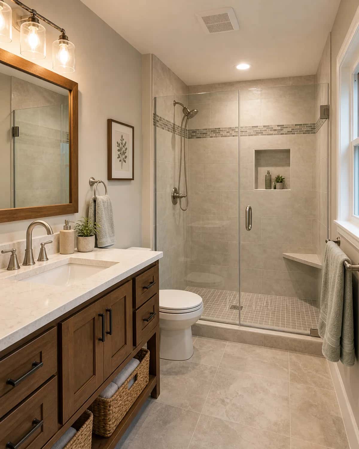 Finished bathroom remodel with custom tilework and modern fixtures