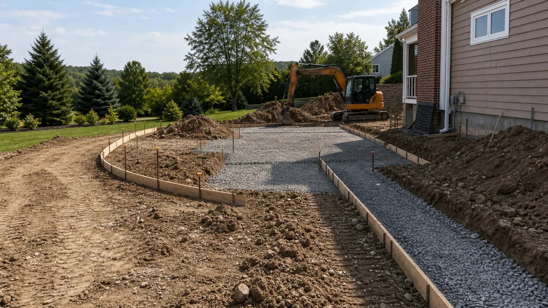 Excavation and site prep for concrete work with grading, access, trenching, compacted base, drainage, forms, and clean staging.