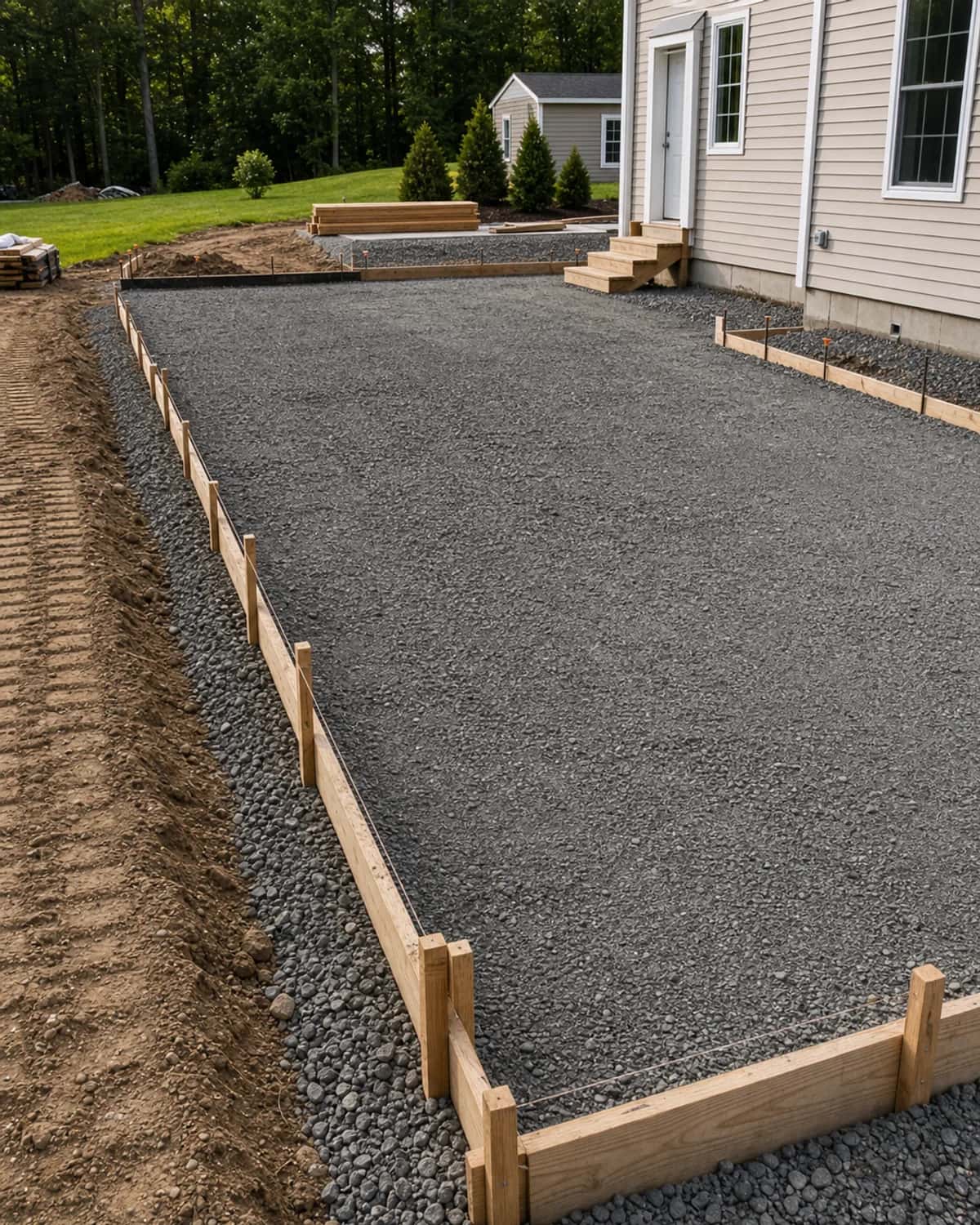 Graded site ready for concrete, driveway, slab, pad, or foundation work with clean access and organized staging