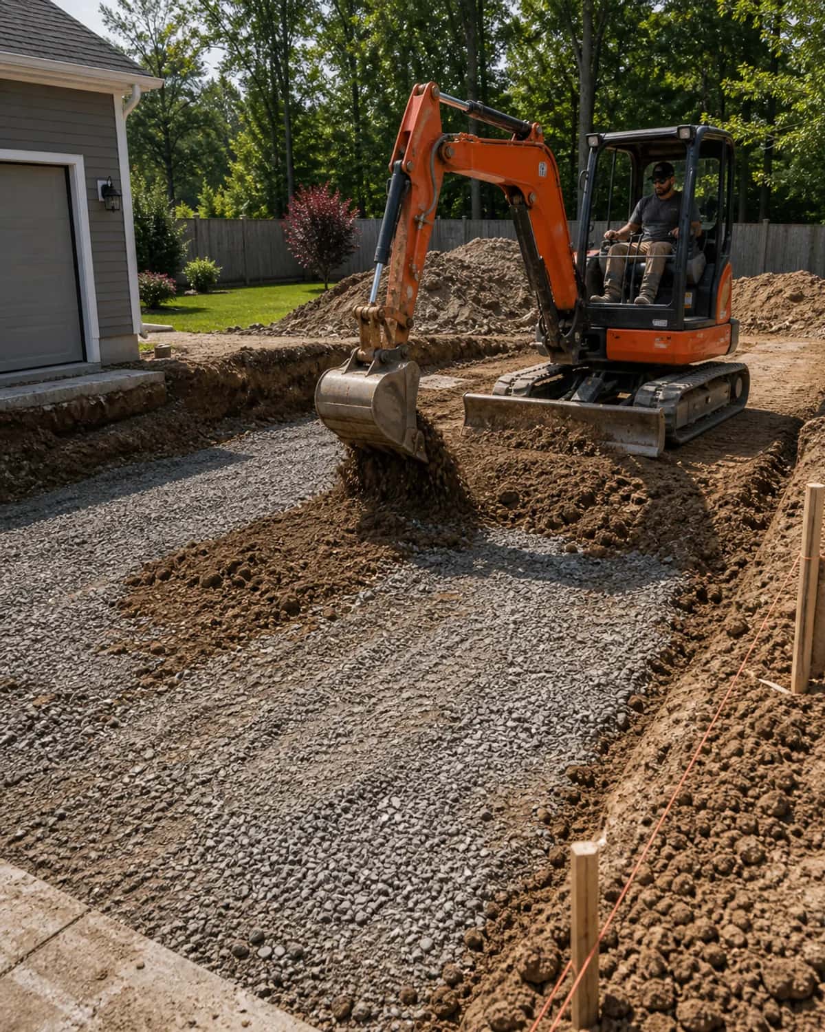Excavation equipment shaping a driveway, pad, trench, foundation area, or base section with realistic soil, stone, and grade