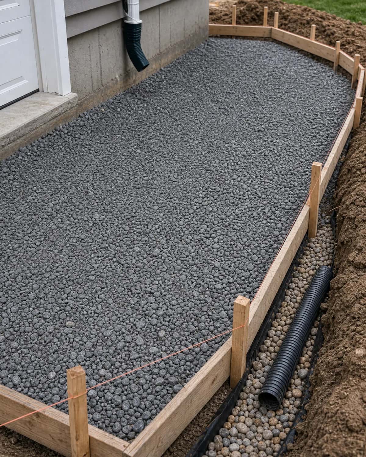 Compacted stone base, drainage, trench, forms, and final grade detail before concrete placement