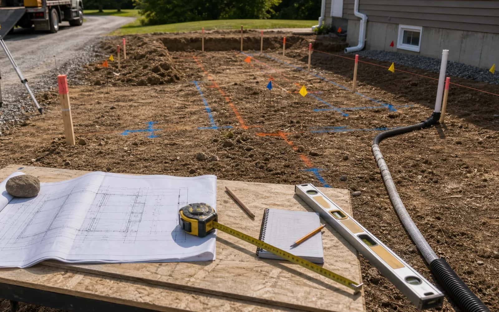 Site access, utility awareness, drainage, grade, and layout review before excavation with unreadable plans and tools