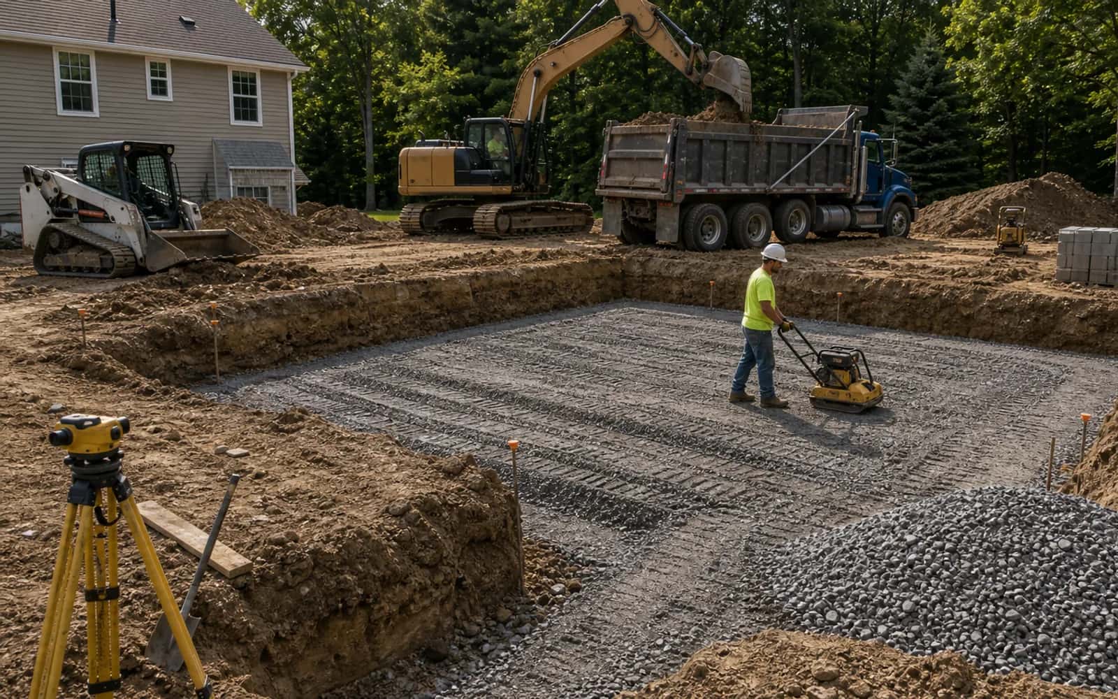 Excavation, grading, base prep, hauling, compaction, or trenching work in progress with clean controlled site conditions