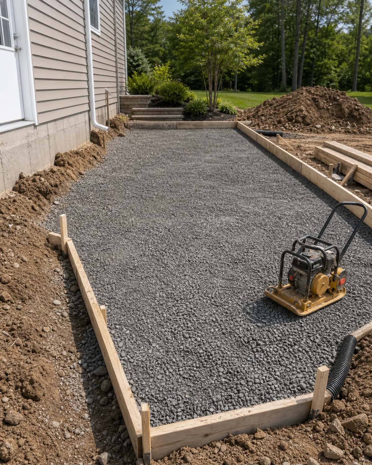 Clean prepared site with controlled excavation, grading, base preparation, and professional contractor organization