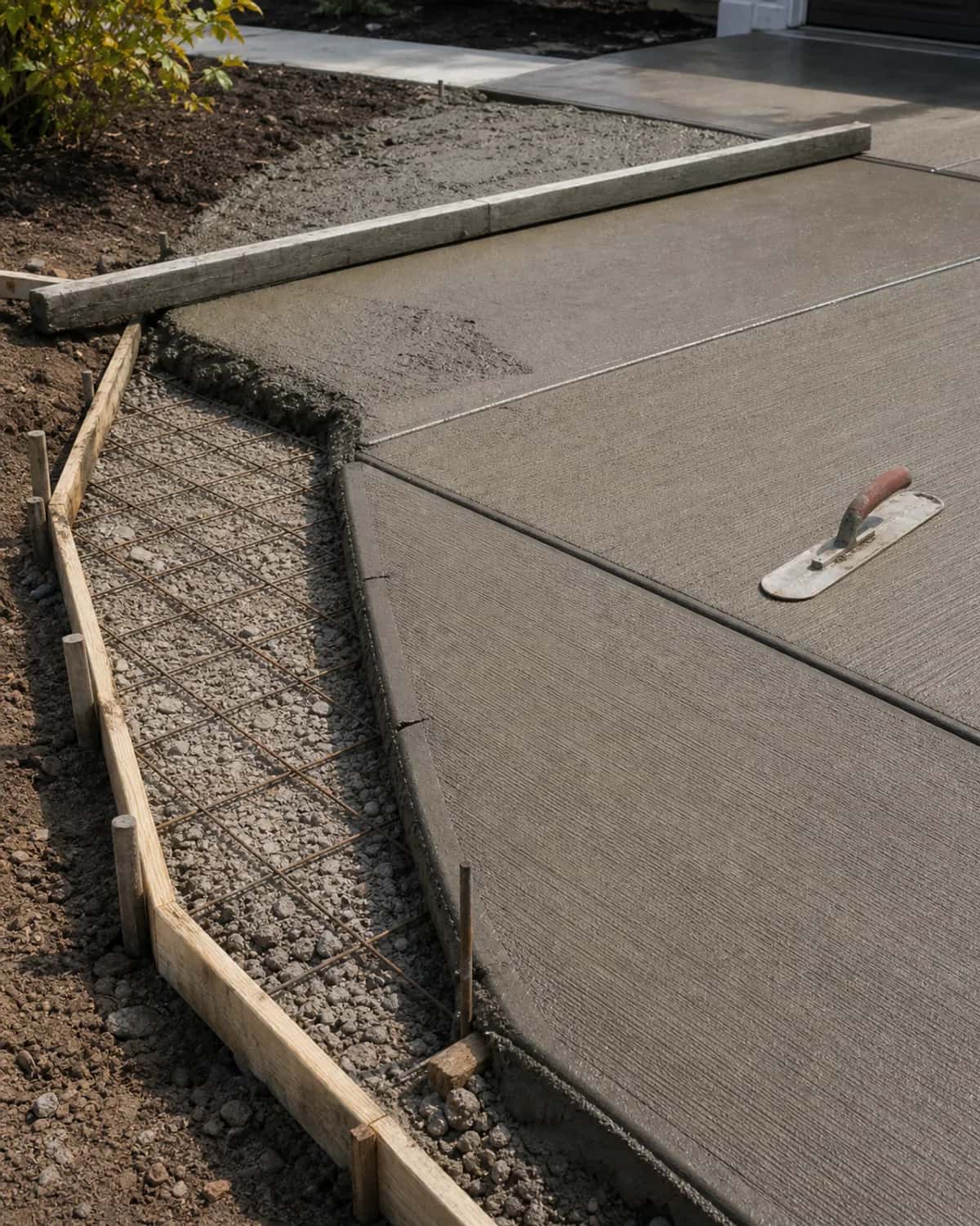 Concrete flatwork detail with forms, reinforcement, control joints, edging, and broom-finish texture