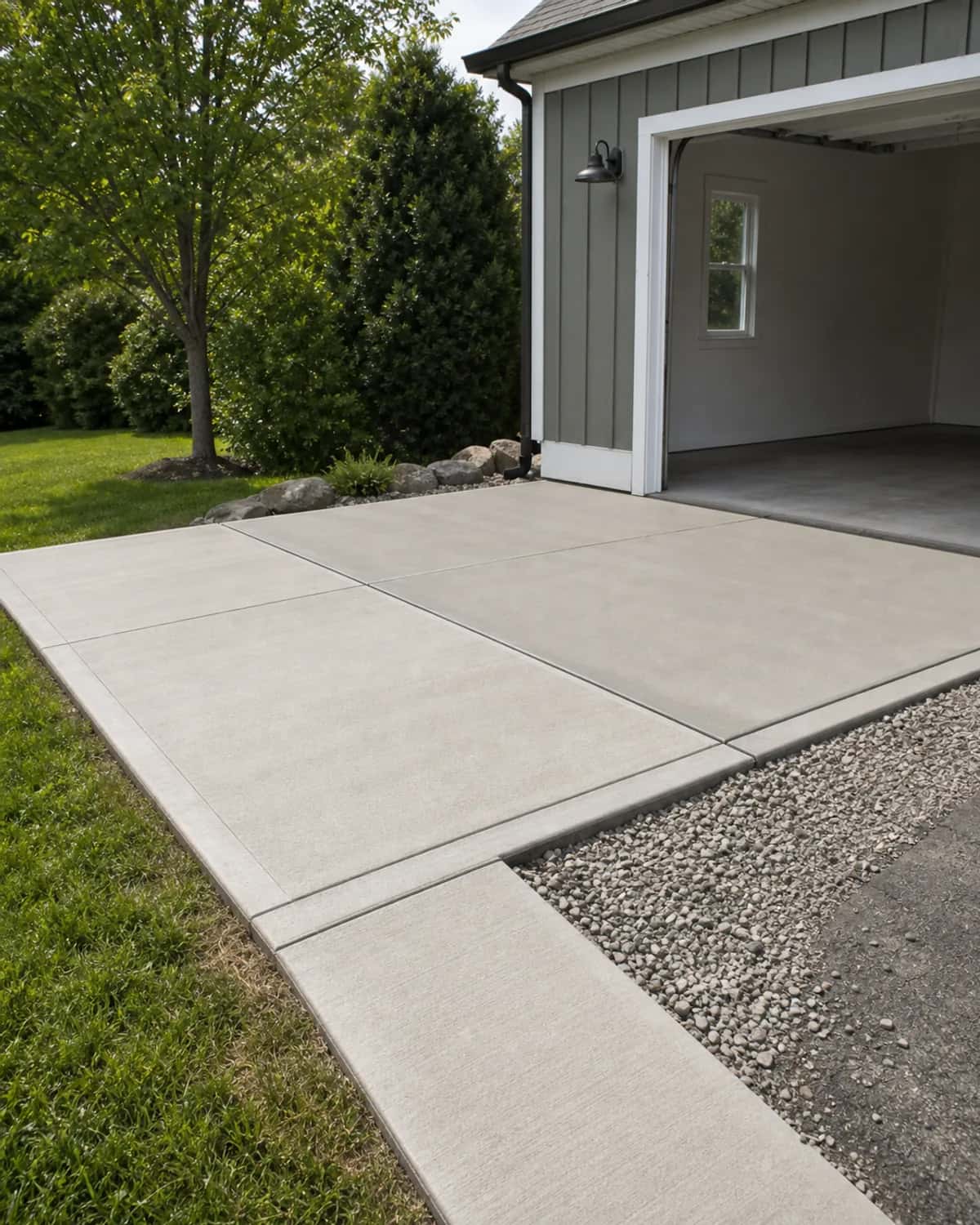 Finished garage slab, utility pad, sidewalk panel, or walkway flatwork with straight lines and practical finish