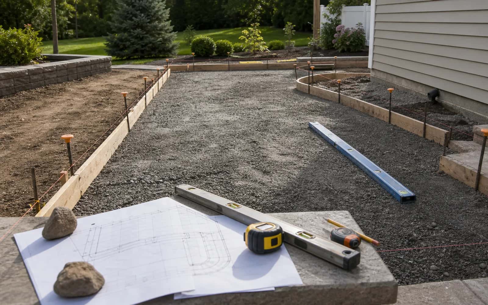 Flatwork planning scene with slab size, grade, drainage, access, base prep, layout tools, and unreadable plans