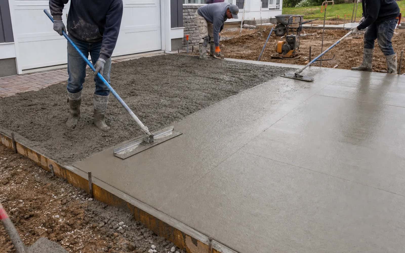 Concrete flatwork pour and finishing progress with screed, trowel, float, edge work, and safe organized work