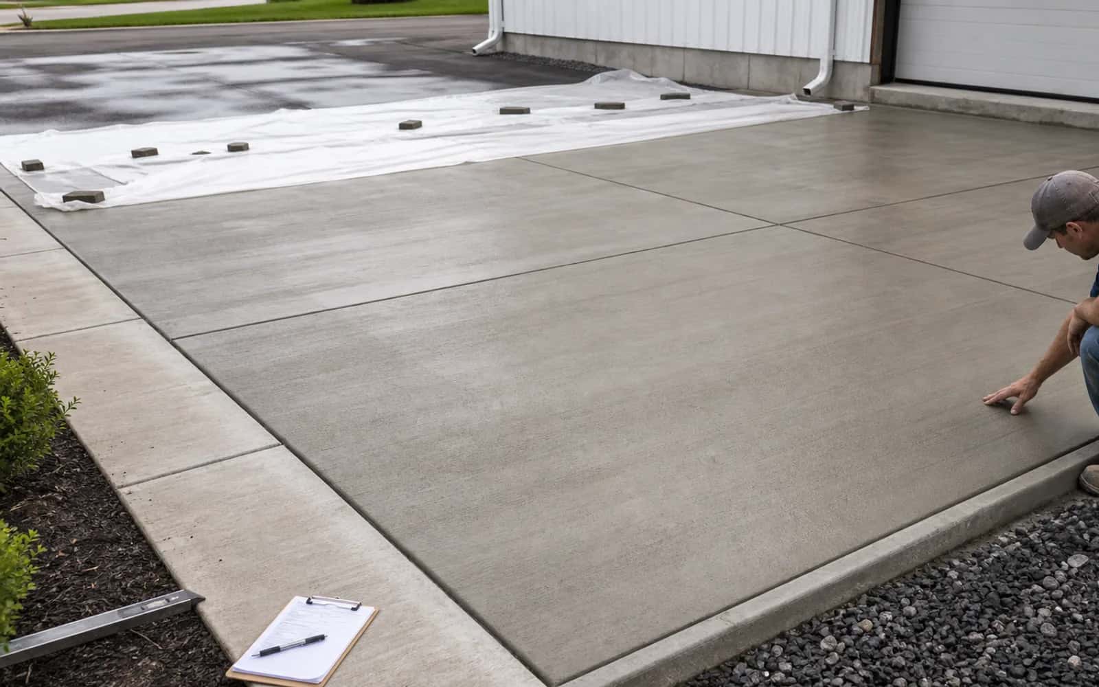 Concrete flatwork control joints, curing, cleanup, and final surface check after installation