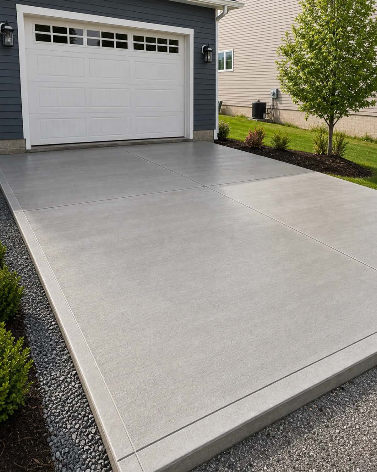 Smooth durable concrete flatwork with realistic finish quality, clean joints, edges, drainage-aware transitions, and practical site context