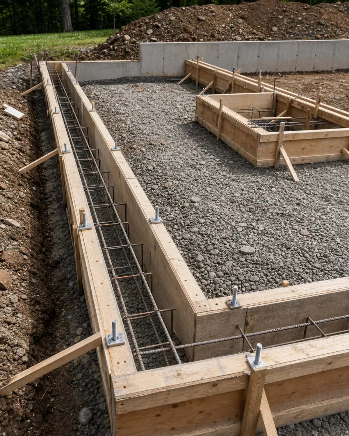 Formed foundation wall or footer setup with straight forms, reinforcement, anchor details, and clean site conditions