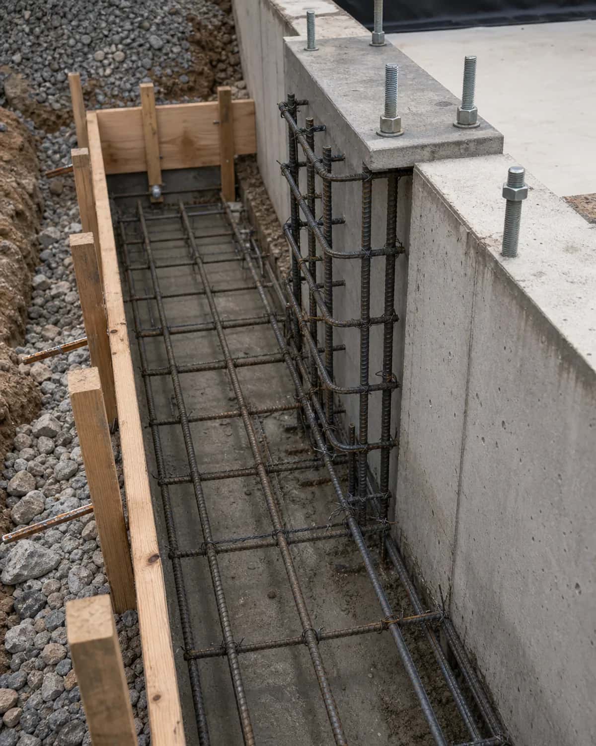 Foundation detail with rebar, anchor bolts, footing, formwork, wall, and credible structural concrete detail