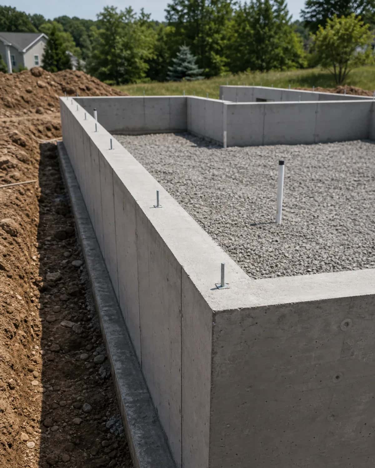 Poured foundation or footer with credible site conditions, clean lines, and realistic concrete finish