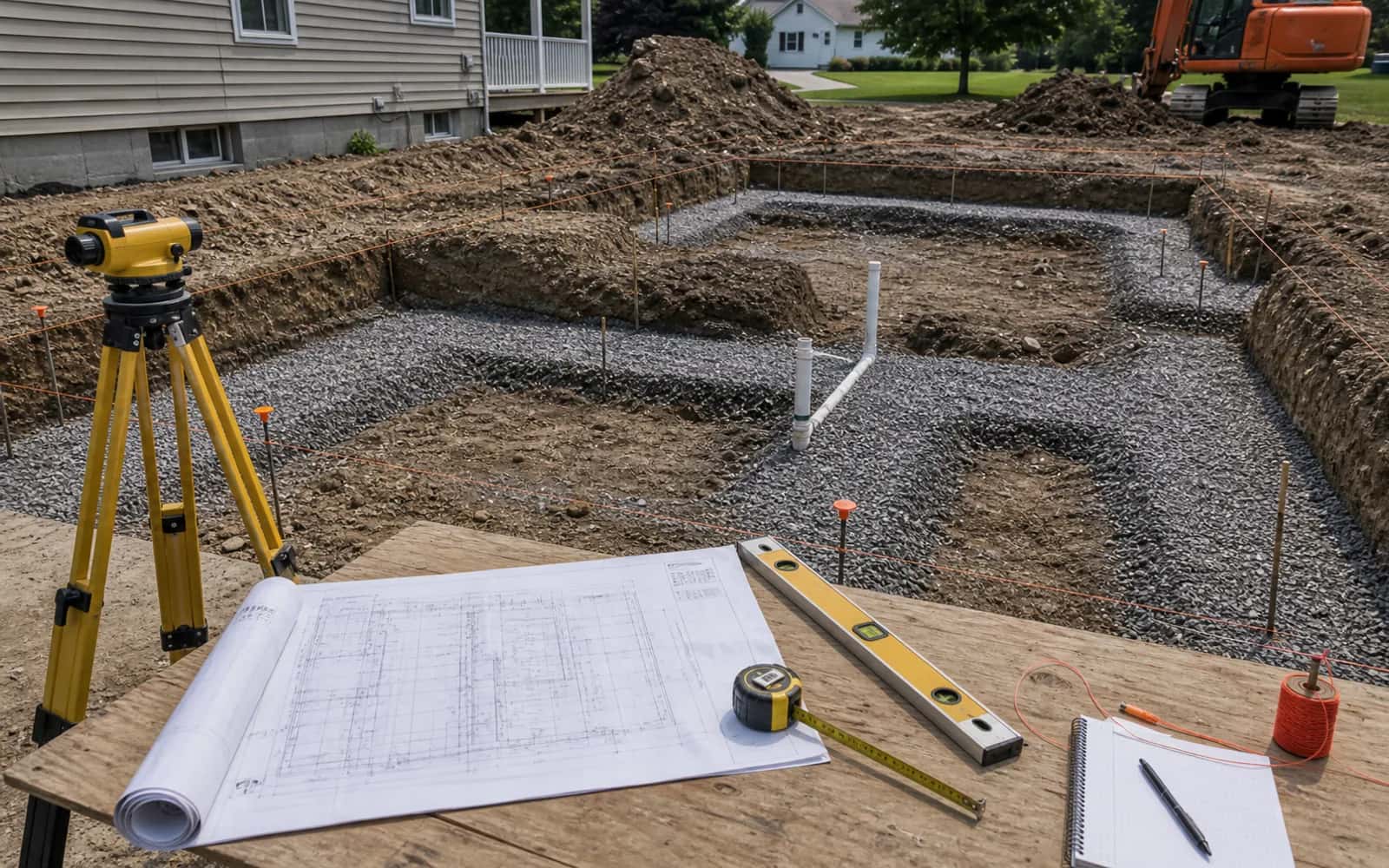 Foundation excavation, layout, depth, drainage, inspection planning, tools, and unreadable plans before pour