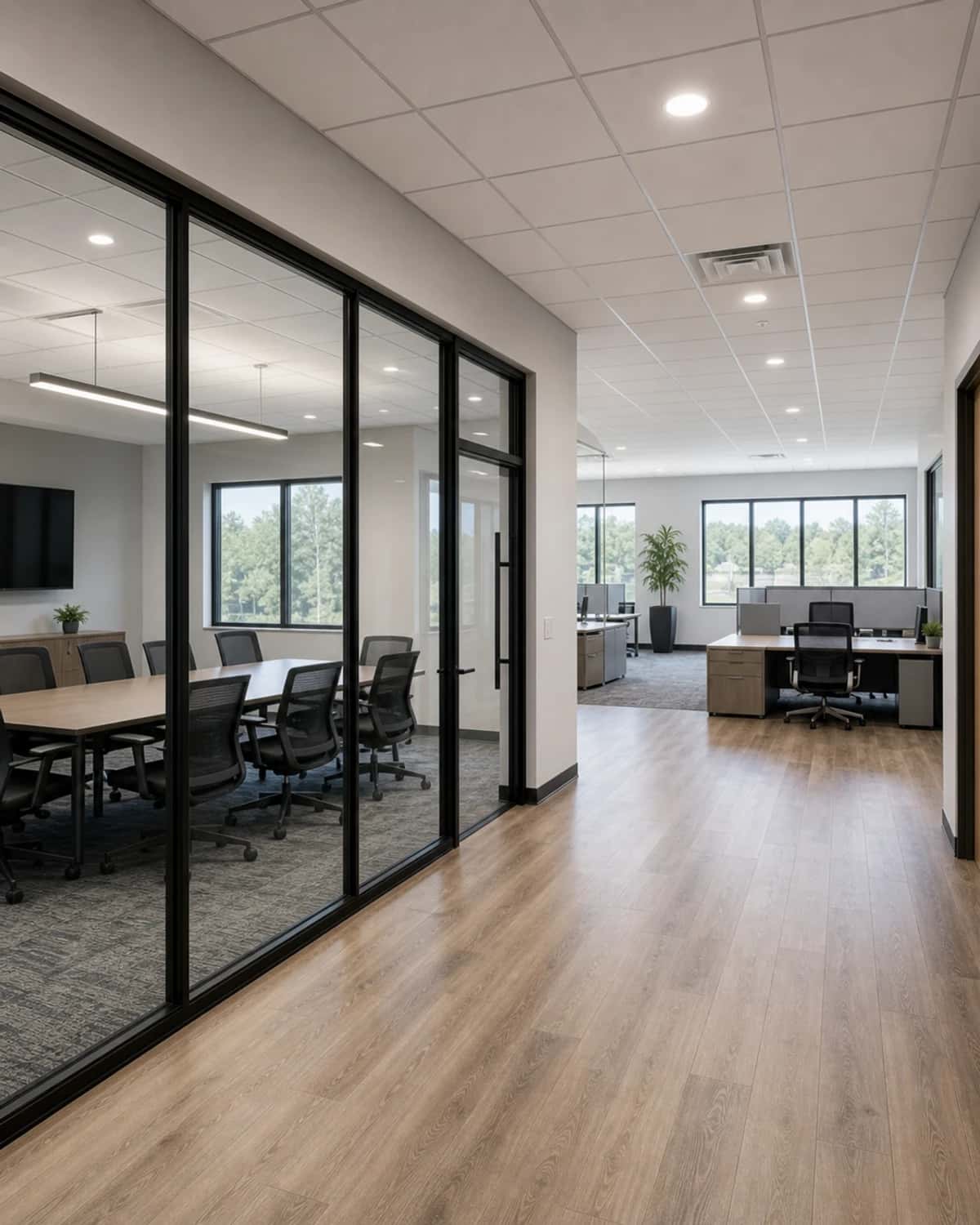 Finished open office and conference area with practical lighting, flooring, walls, doors, and clean commercial finishes