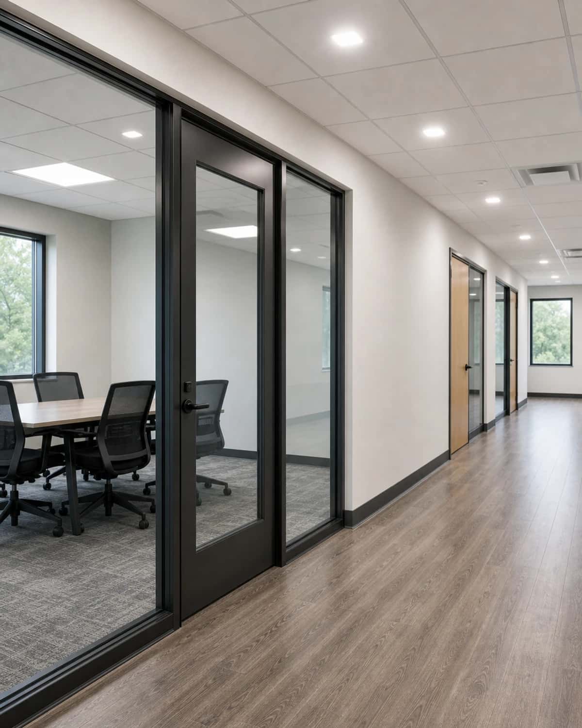 Office buildout detail with glass partition, doorway, ceiling grid, lighting, trim, and durable flooring