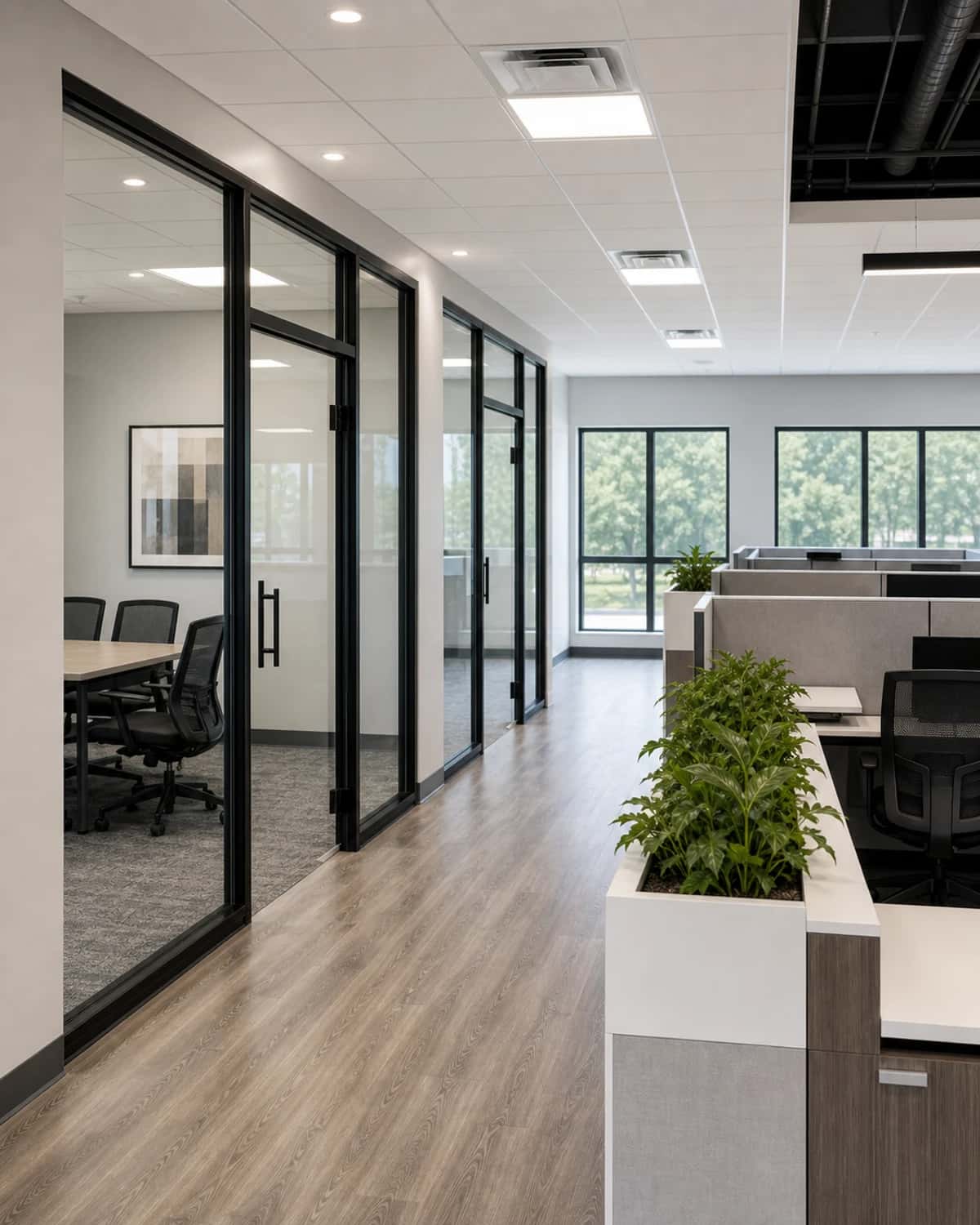 Completed office interior with clean commercial craftsmanship, durable flooring, and professional lighting