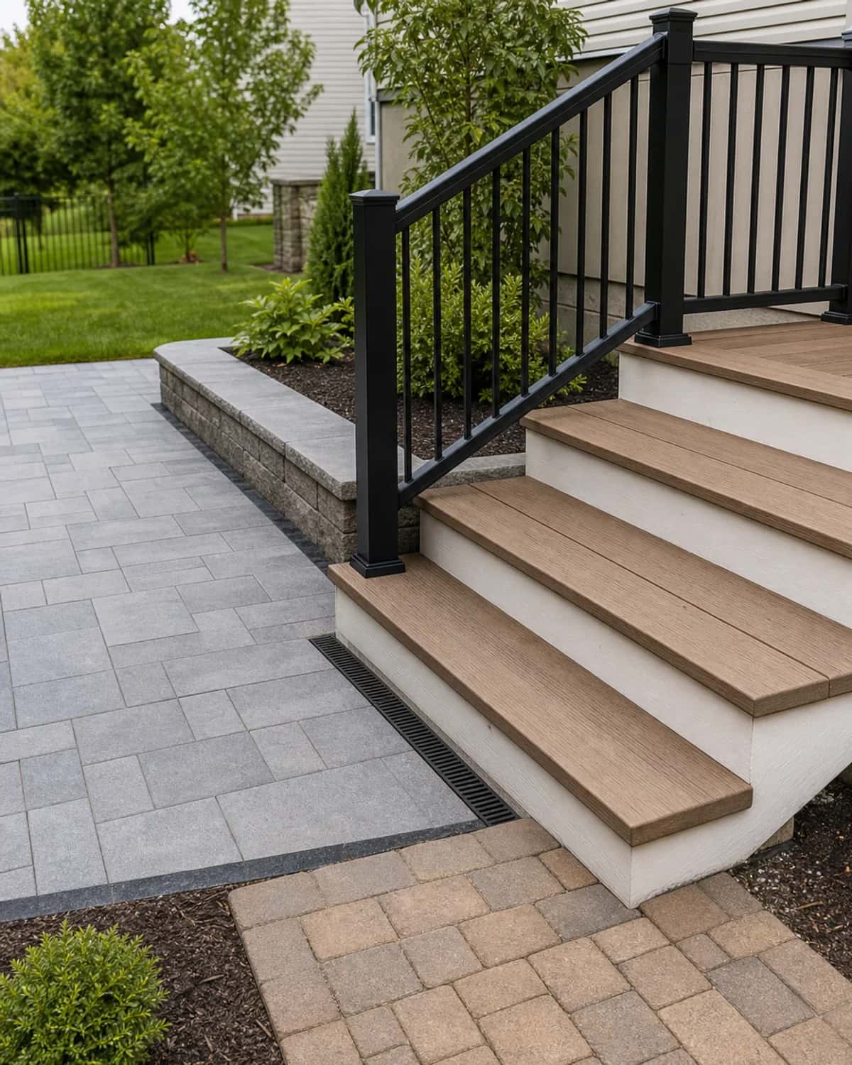 Outdoor living steps, railings, walkway, and surface transitions