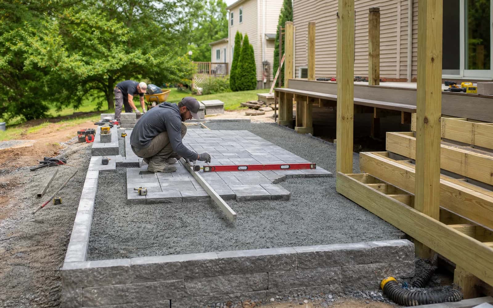 Outdoor living hardscape and deck installation in progress