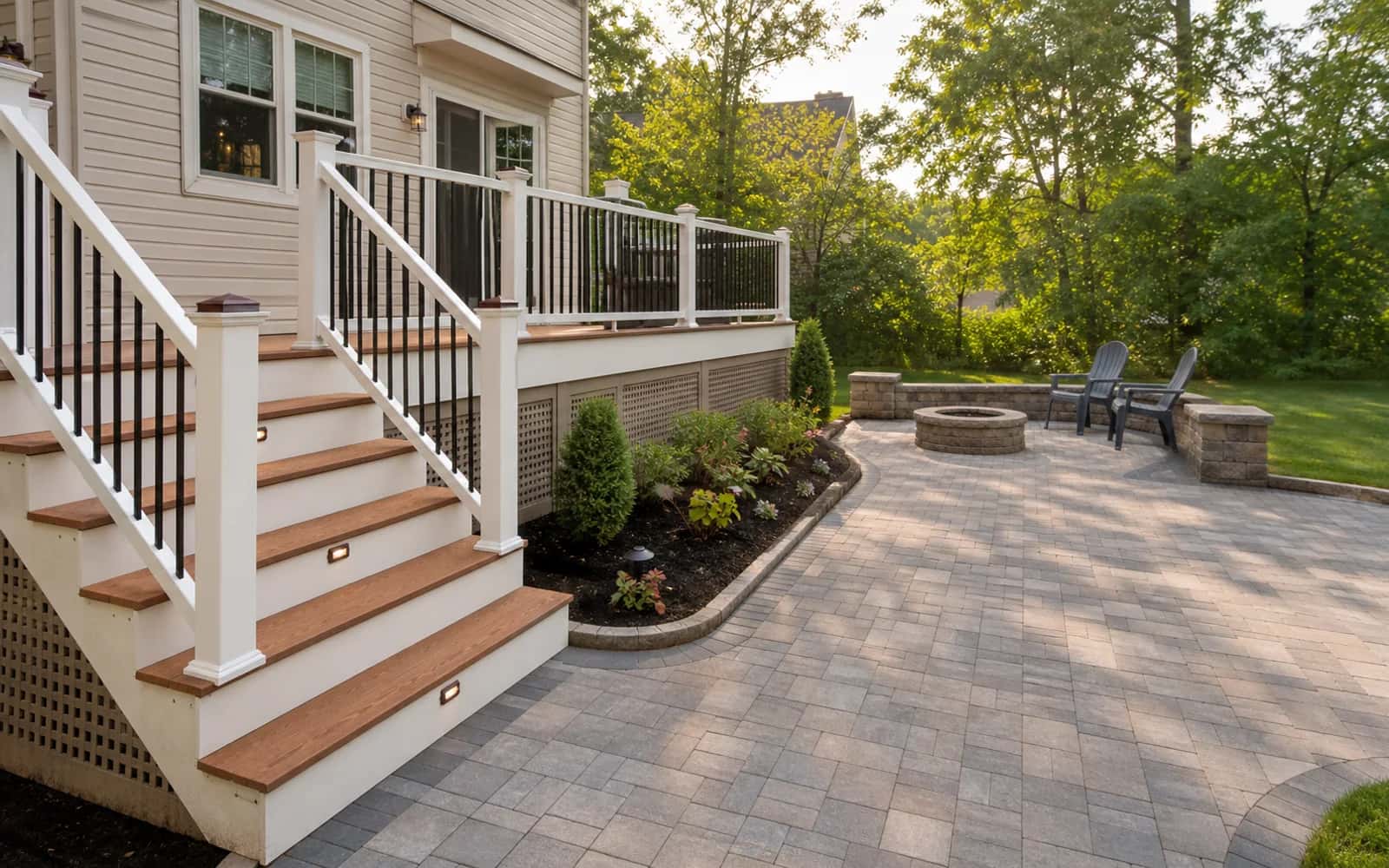 Finished outdoor living patio and deck area ready for use