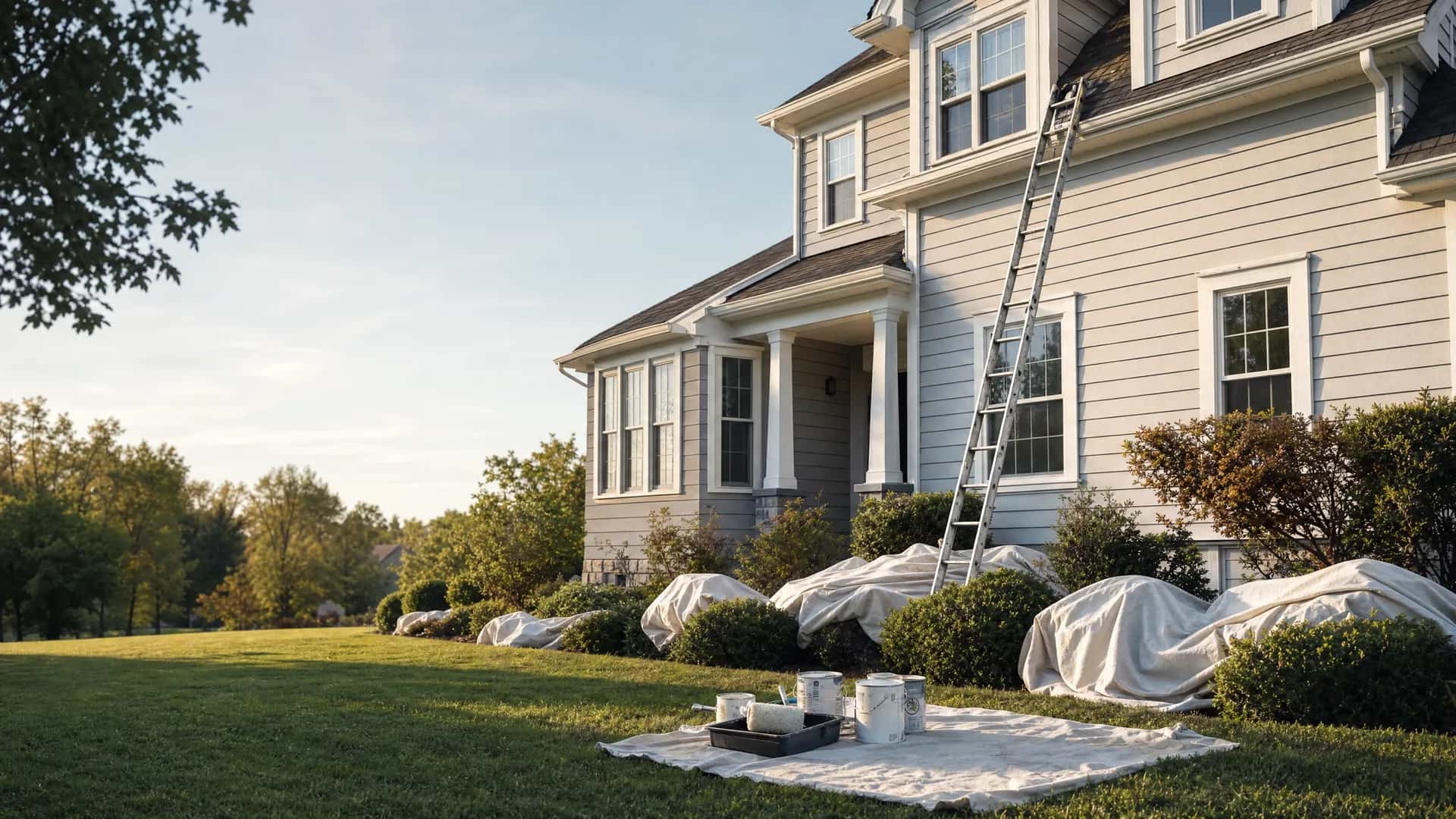 Lehigh Valley home exterior with freshly painted siding, crisp white trim, and painting equipment staged on the lawn.