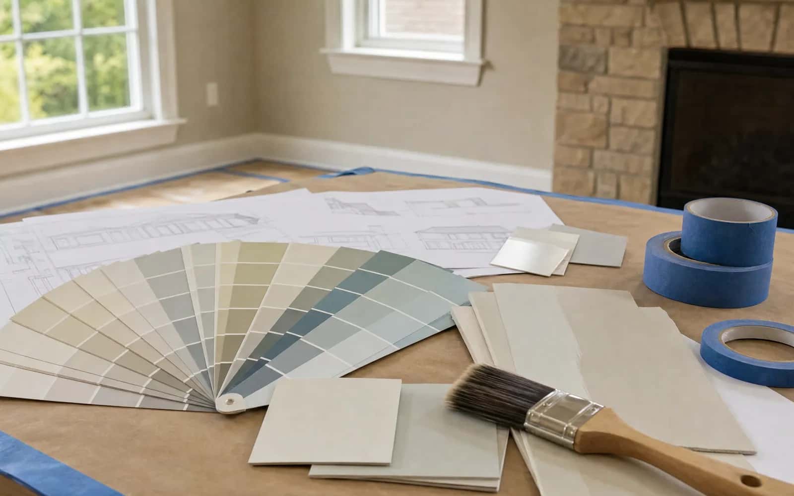 Painting planning table with color swatches, sample boards, tape, and brushes