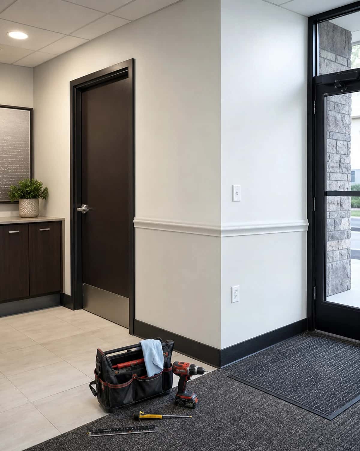Commercial common area improvement with repaired finishes, doors, trim, and practical maintenance details