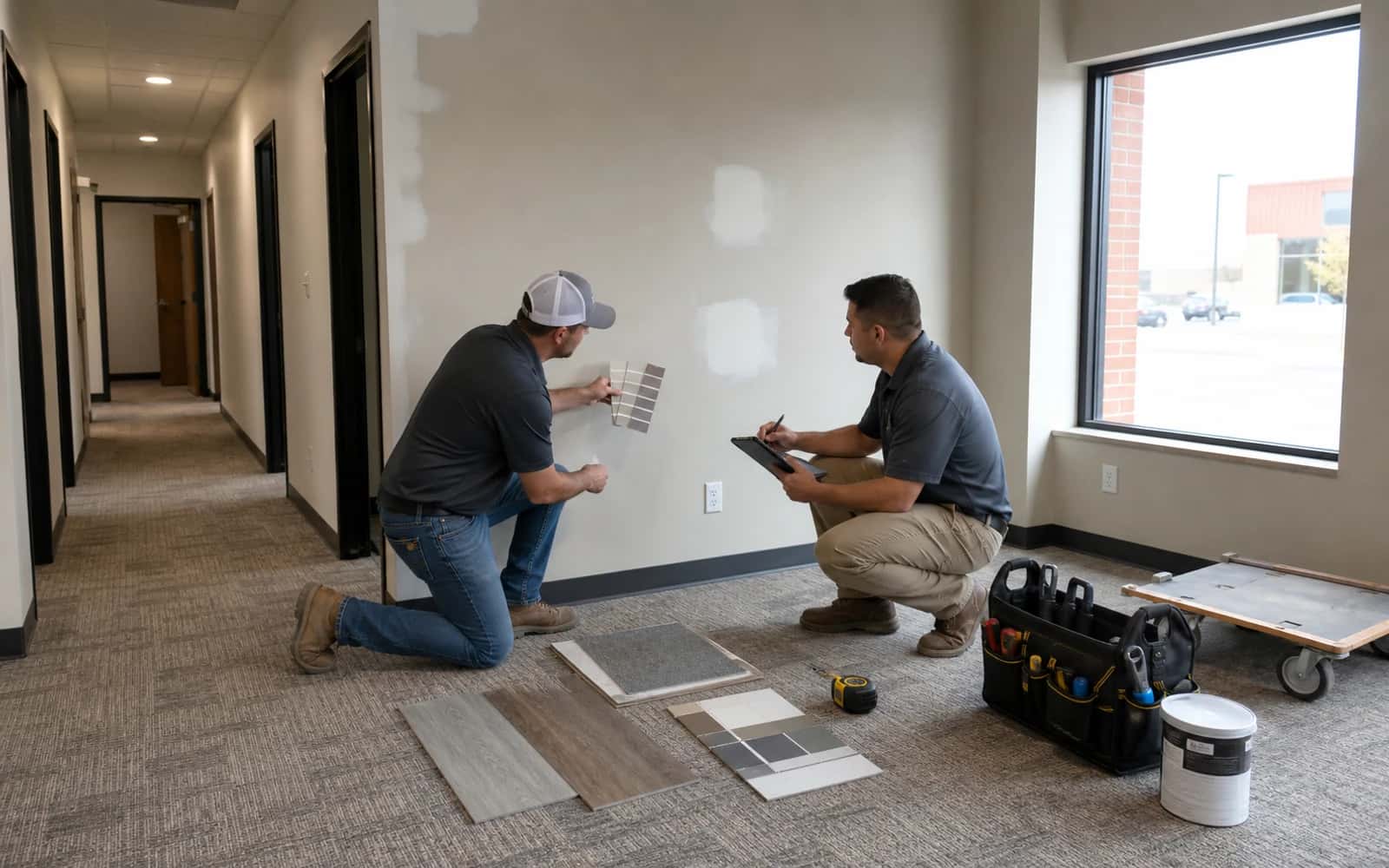 Commercial property walk-through and repair scope review with tools, notes, and finish samples