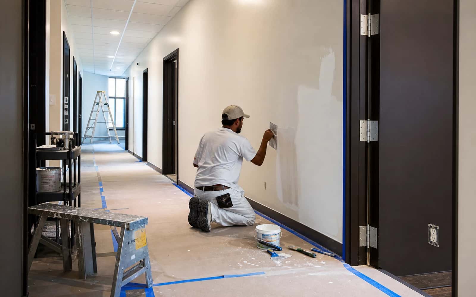 Commercial property repair and maintenance work in progress with organized materials and protected finishes