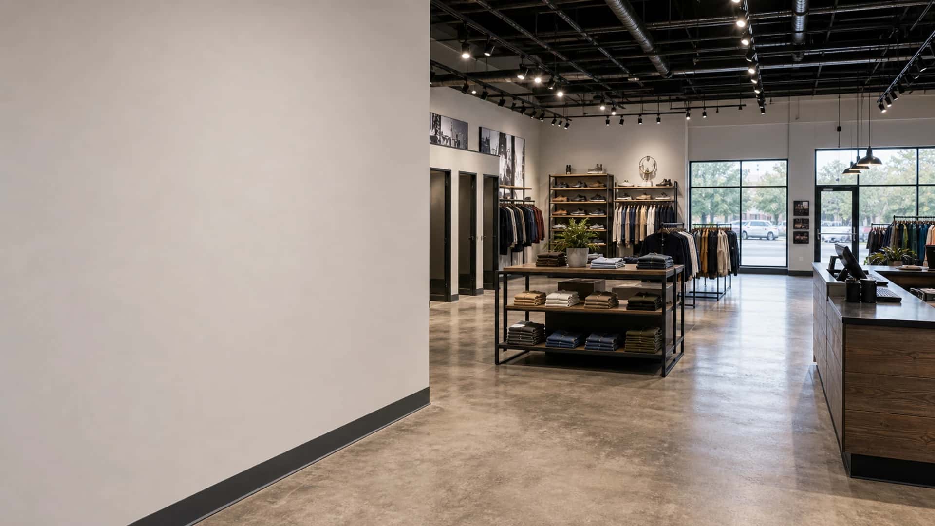 Retail fitout with display space, checkout, lighting, durable flooring, fixtures, and opening readiness.