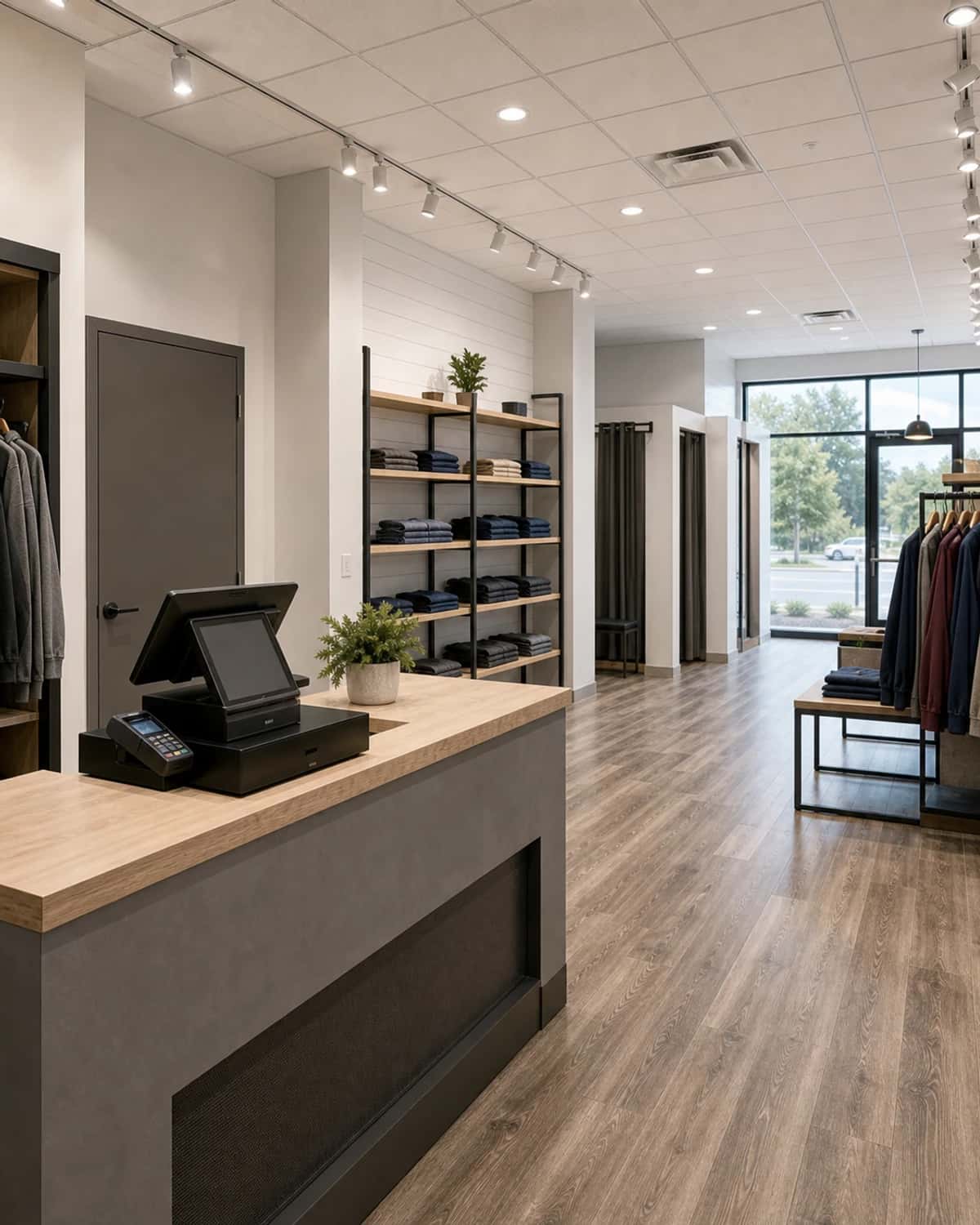 Retail fitout detail with checkout counter, shelving, storefront interior, lighting, and fixture installation