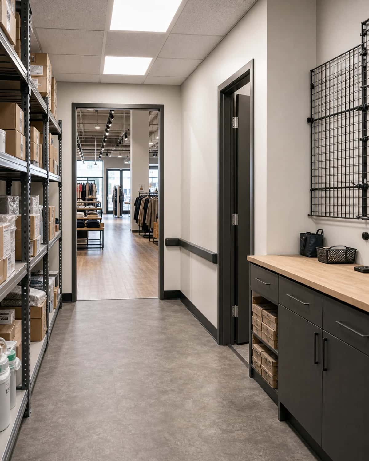 Back-of-house and customer-flow area after retail fitout work with durable practical finishes