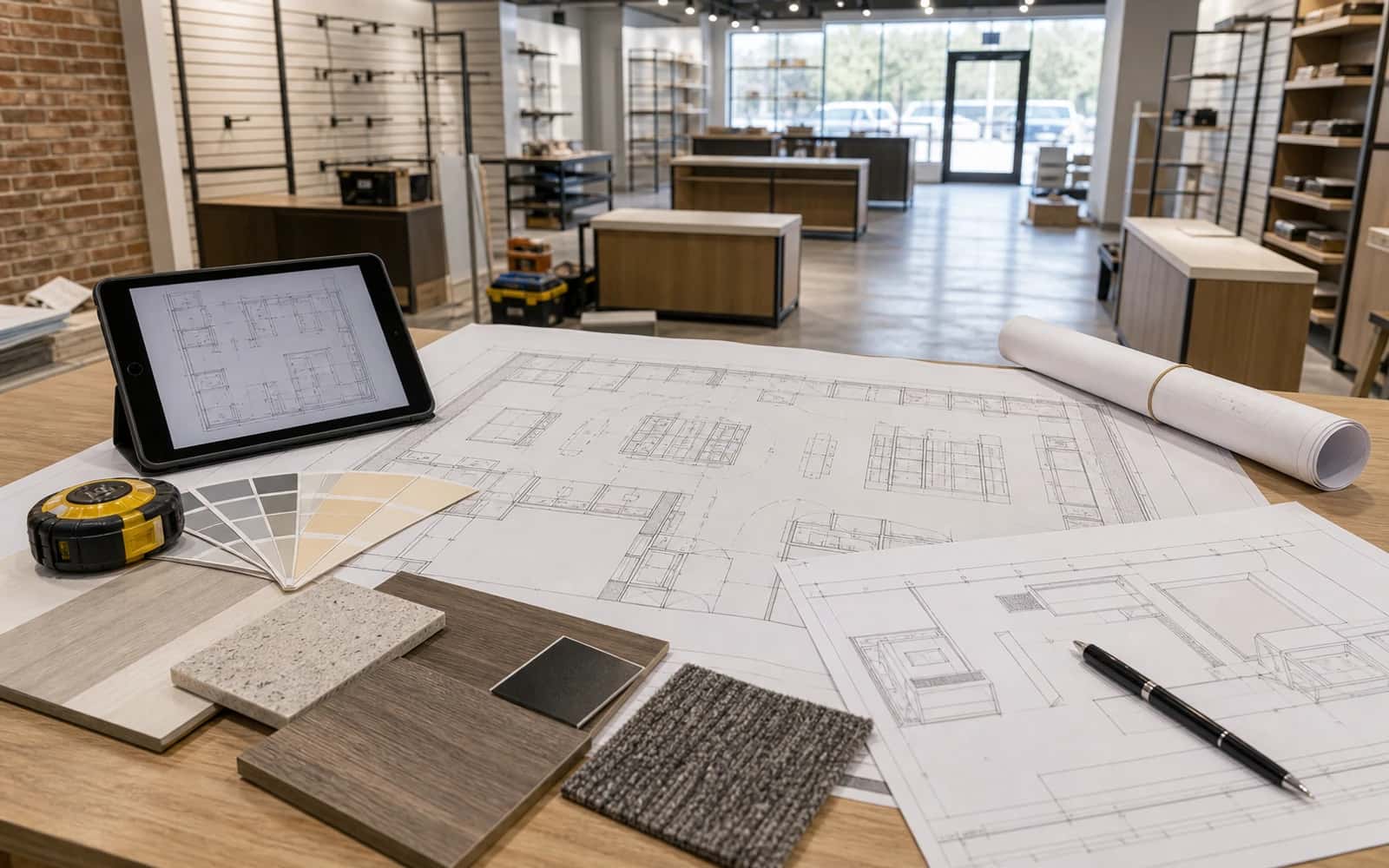 Retail layout and customer-flow review with finish samples, tools, and simple plans