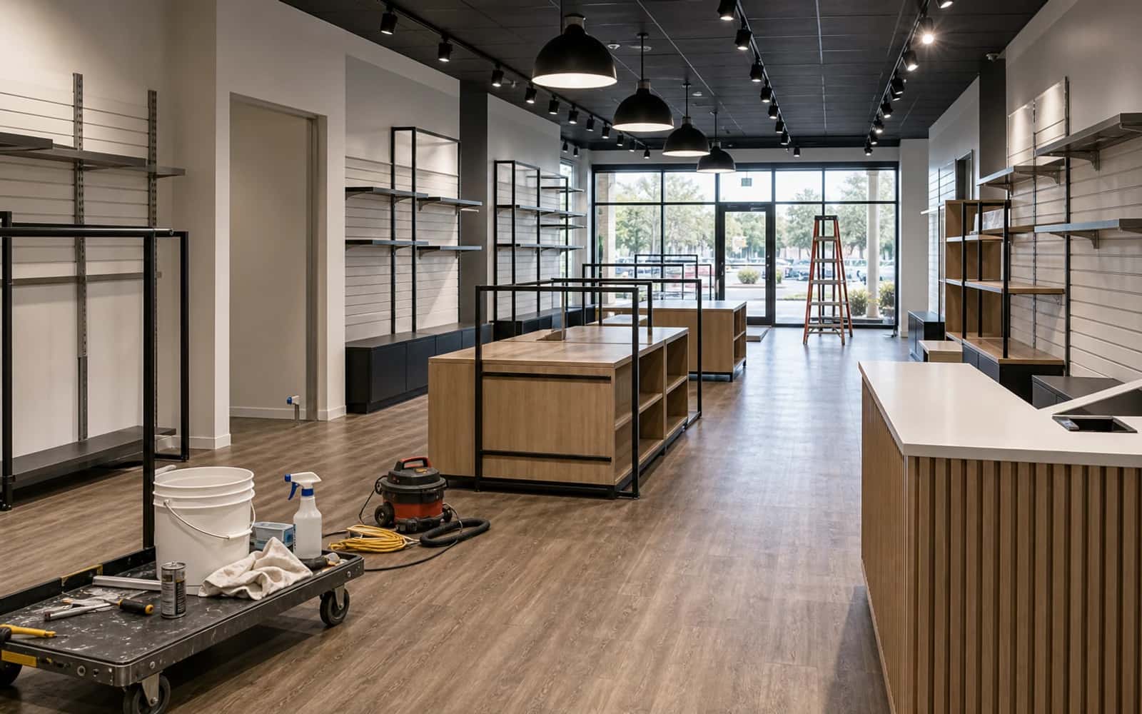 Final retail fitout work with fixtures, paint, flooring, lighting, cleanup, and opening-readiness details