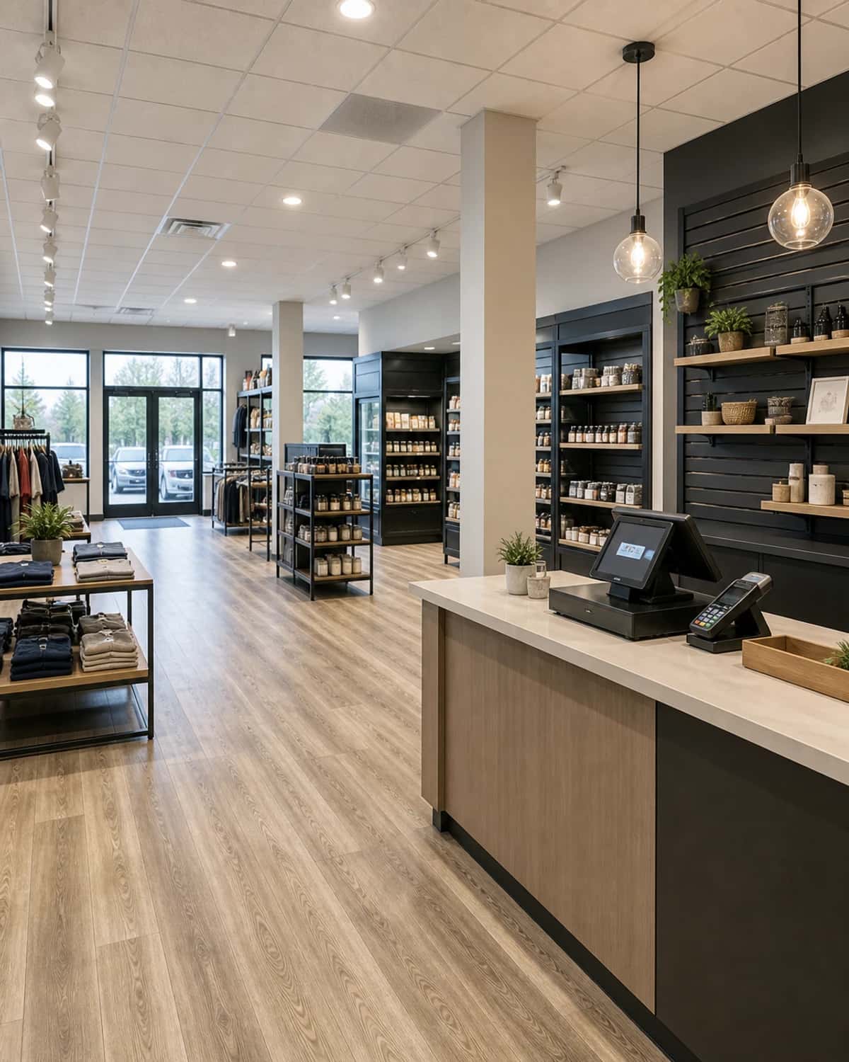 Completed retail interior with polished practical finishes, durable flooring, lighting, and clean commercial craftsmanship