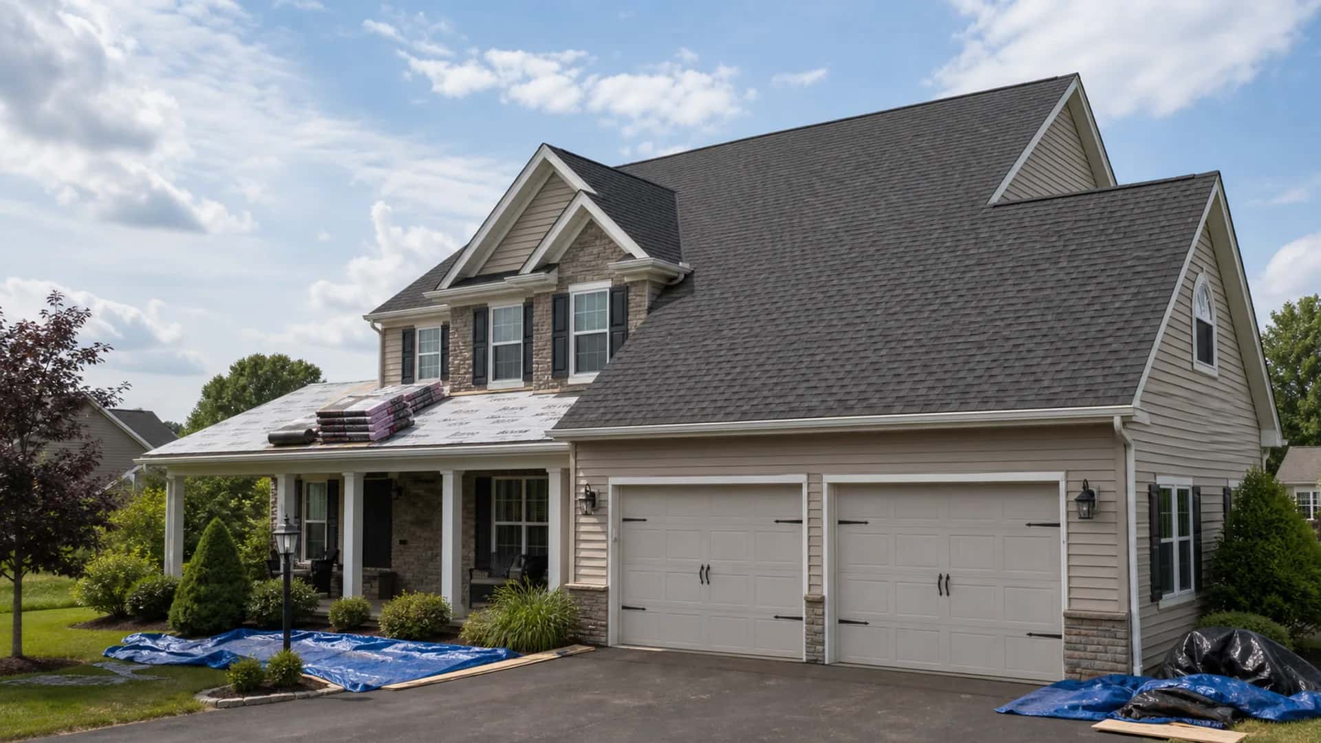 Residential roof replacement with asphalt shingles, staged materials, and property protection.