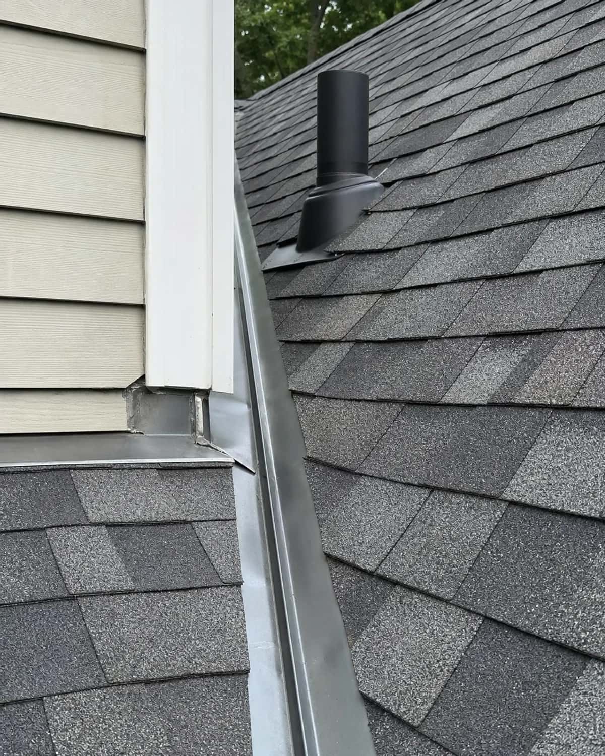 Roof flashing, vent, and shingle detail for residential roofing repair planning