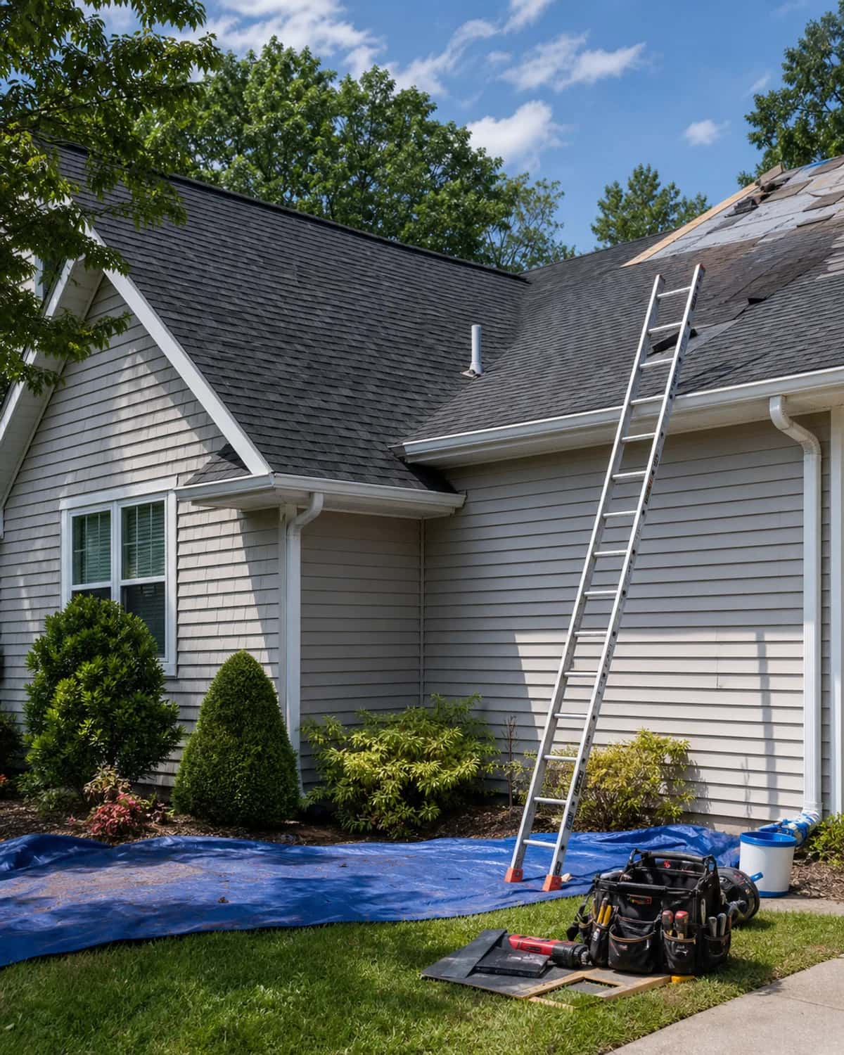 Residential roof inspection and repair setup with safe exterior access