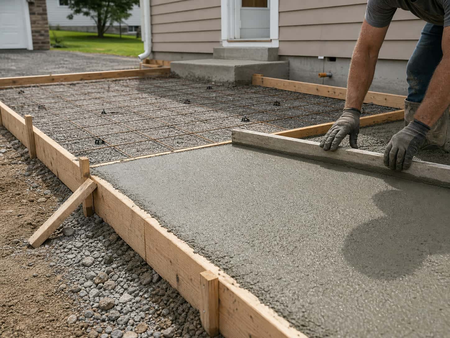 Conrad General Contracting crew screeding fresh concrete flatwork at a Lehigh Valley home