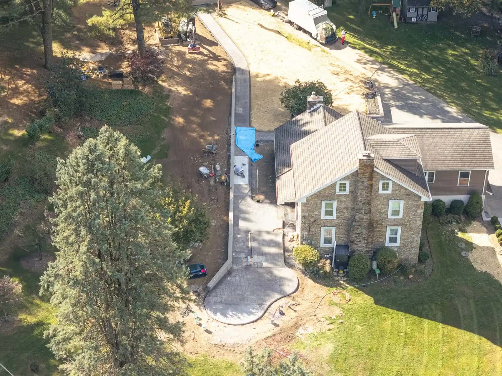 Aerial view of a Conrad stamped-concrete driveway and walkway project in the Lehigh Valley.