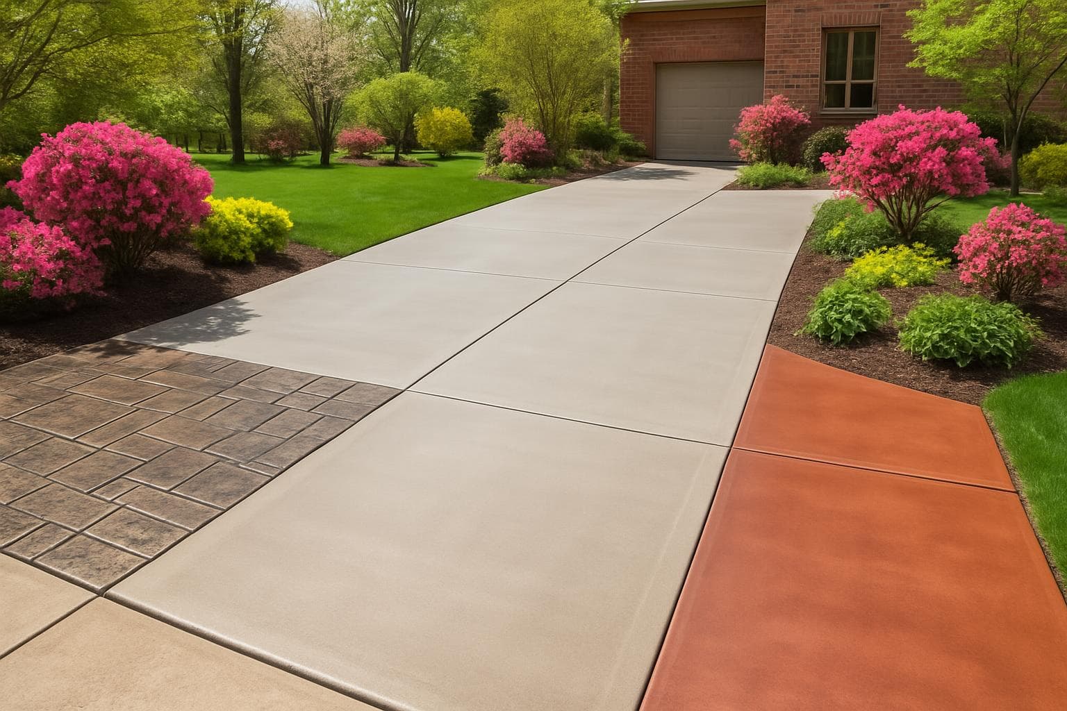 Finished stamped concrete surface with decorative pattern and color.
