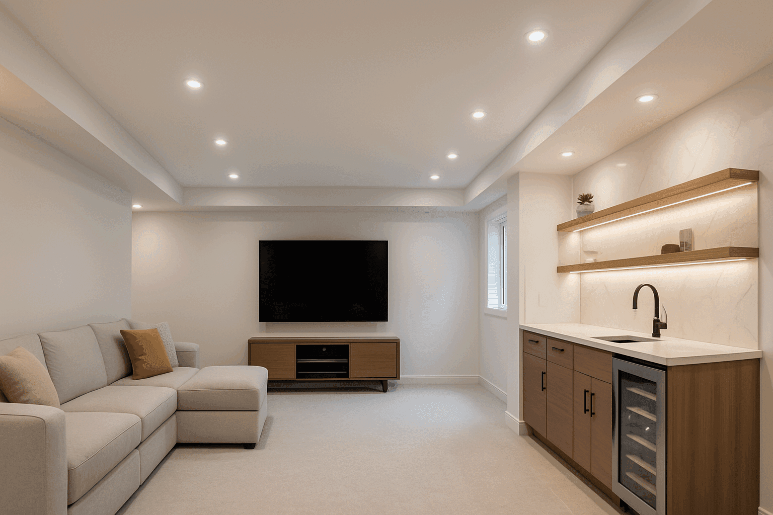 A beautifully finished basement in a Lehigh Valley home, transformed into a comfortable living area by Conrad General Contracting.