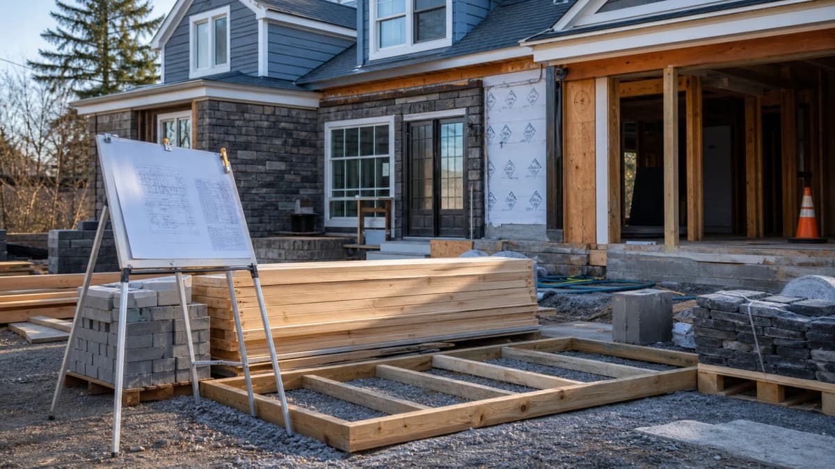 Residential renovation site with lumber, plans, and jobsite materials in the Lehigh Valley