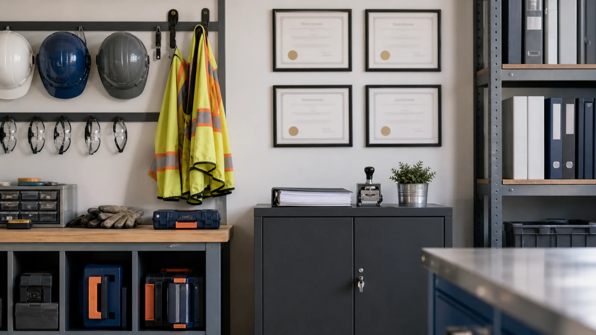 Contractor safety gear, document storage, and credential records.