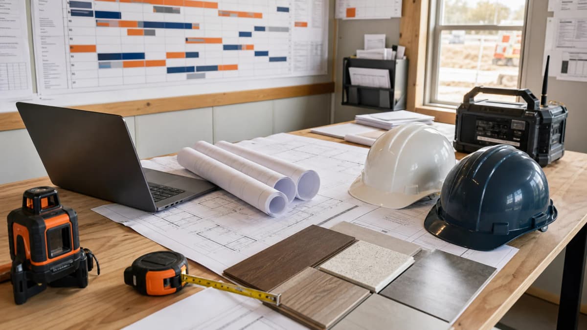 Construction plans, hard hats, and material samples arranged for project coordination